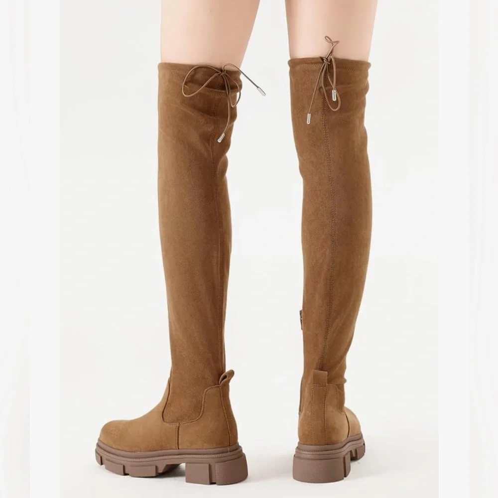 Shoe'N Tale Thigh High Round Toe Platform Heeled Stretch Knit Over the Knee Boot